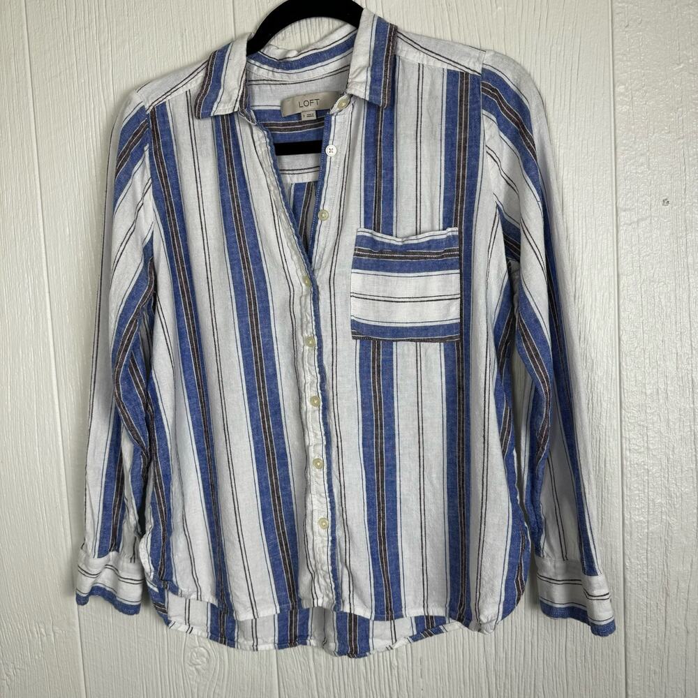 LOFT Striped Linen Blend Everyday Pocket Shirt Button Front Size Small - Picture 8 of 8